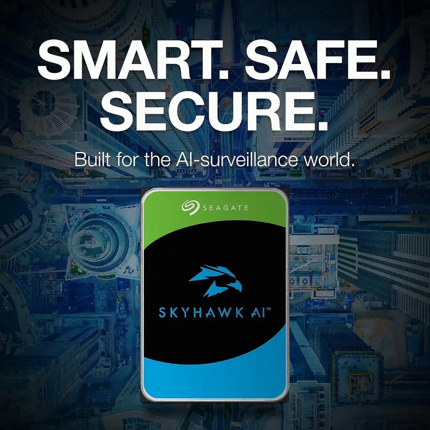 Seagate SkyHawk AI 20TB hard drive displayed over a smart city aerial view for AI surveillance -tpstech.in
