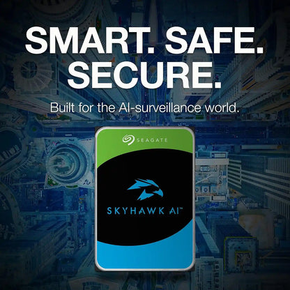 Seagate SkyHawk AI 20TB hard drive displayed over a smart city aerial view for AI surveillance -tpstech.in