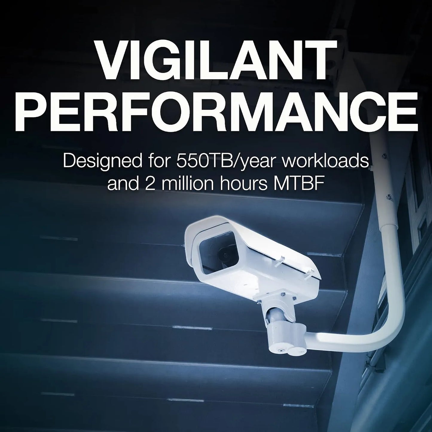 Mounted surveillance CCTV camera illustrating 550TB per year workload and 2 million hours MTBF -tpstech.in