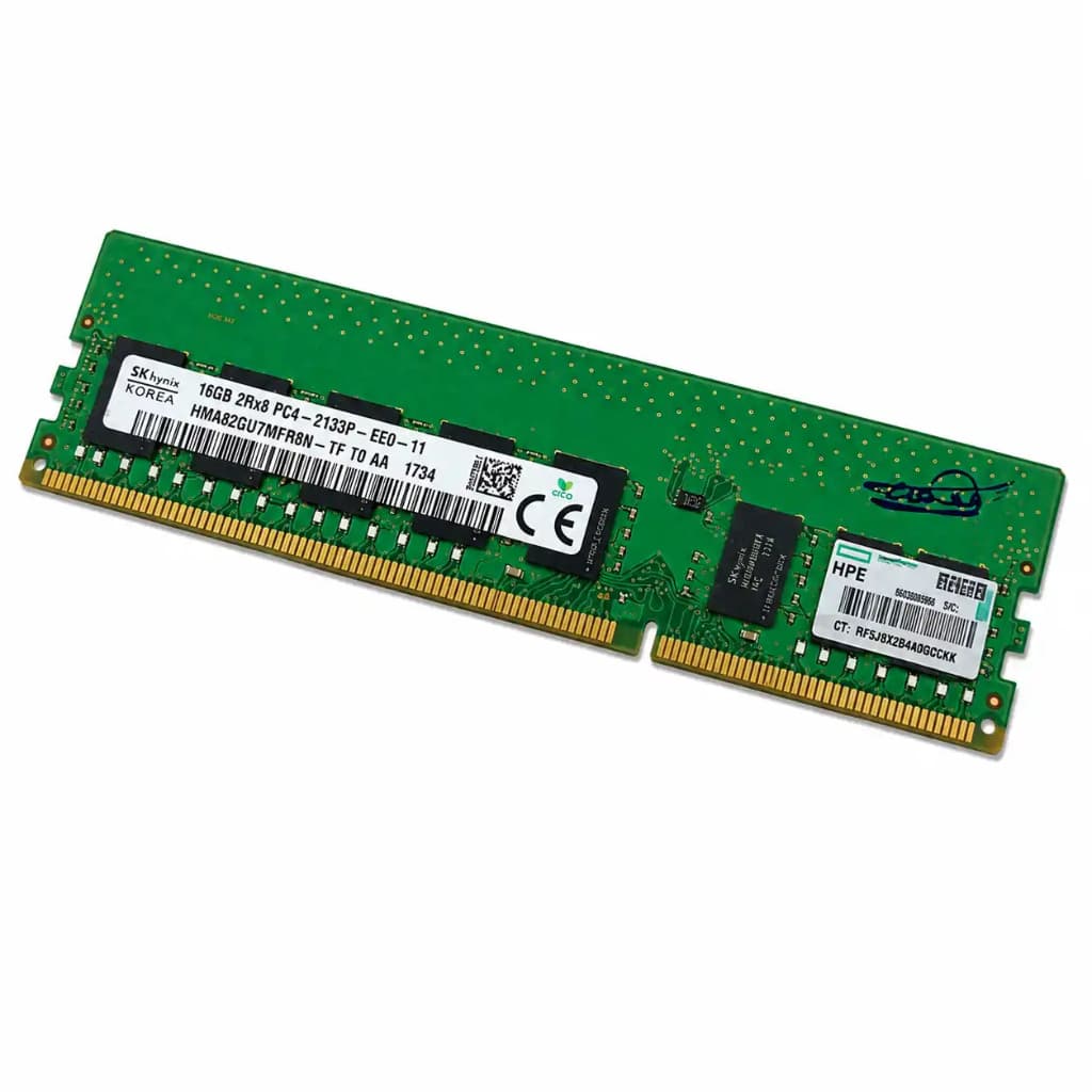 Angled view of SK Hynix 16GB DDR4 ECC UDIMM 2133MHz HMA82GU7MFR8N-TF server RAM memory module.