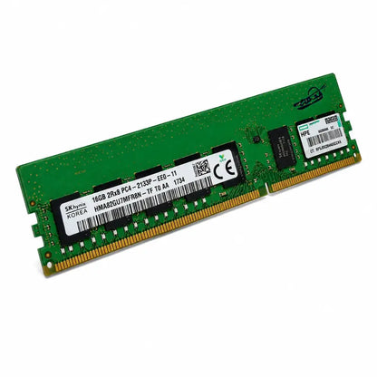 Diagonal perspective of SK Hynix 16GB PC4-2133P ECC UDIMM server RAM module with HMA82GU7MFR8N-TF part number.