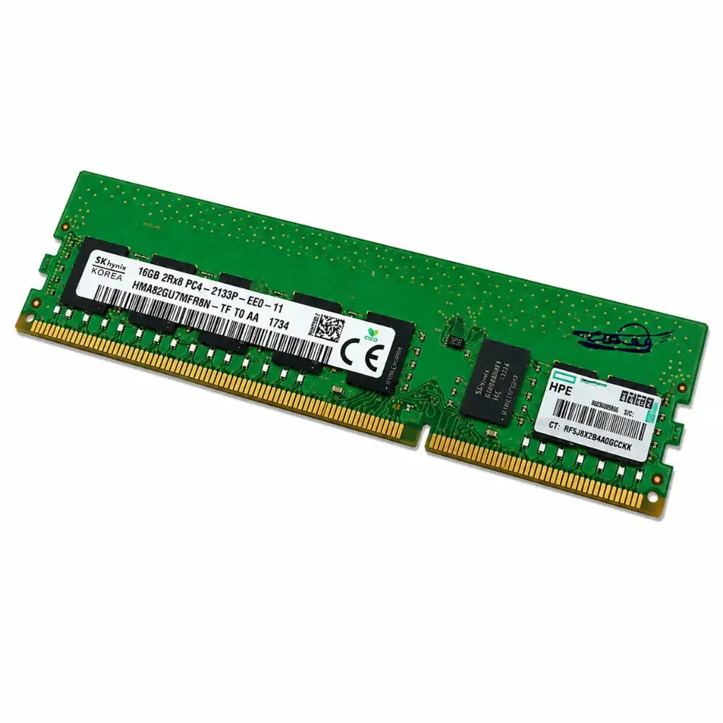 SK Hynix HMA82GU7MFR8N-TF 16GB DDR4 ECC UDIMM 2133MHz memory module shown from left angled perspective.