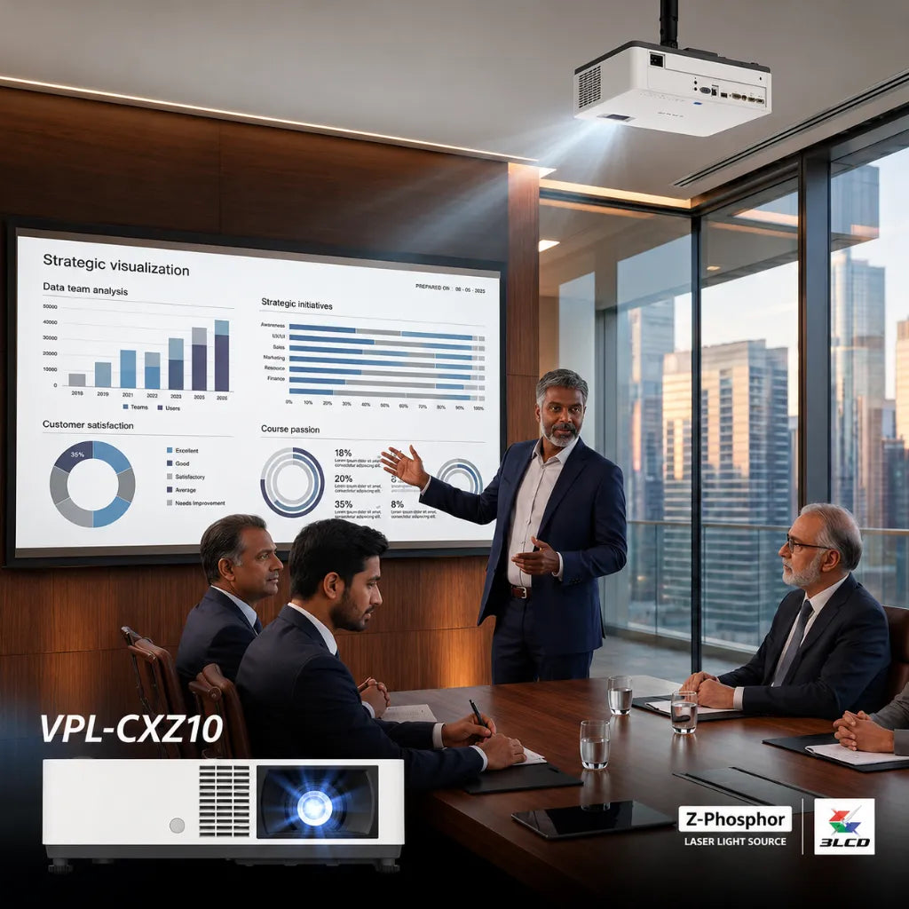 Sony VPL-CXZ10 laser projector used for business presentations in a conference room with clear large-screen projection.
