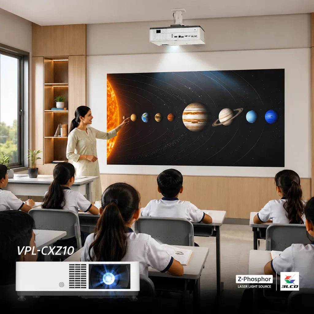 Sony VPL-CXZ10 5000 lumen XGA laser projector installed in a classroom for bright educational presentations.