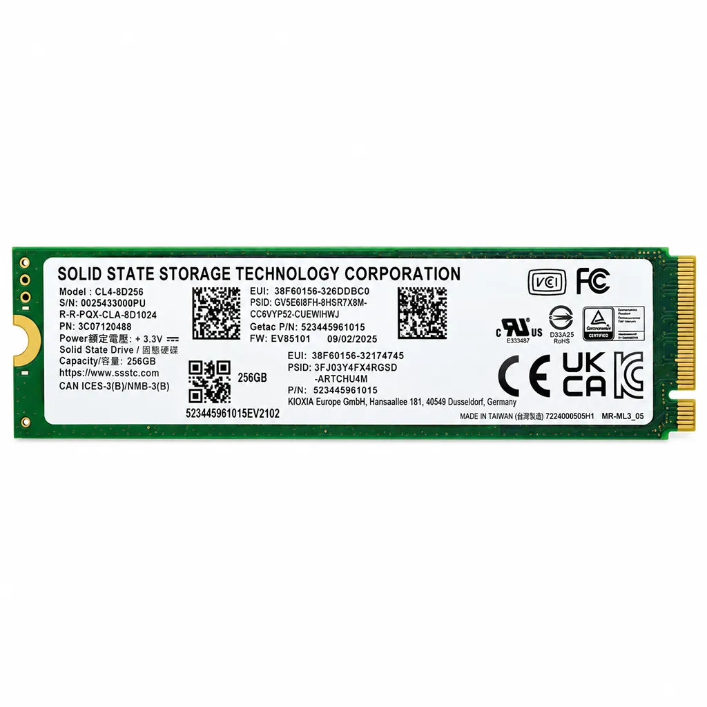 SSSTC 256GB M.2 2280 PCIe Gen4 NVMe SSD (Pulled out) top flat view showing label specifications and regulatory certifications -tpstech.in