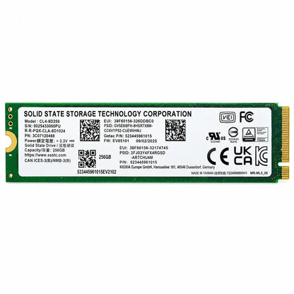 SSSTC 256GB M.2 2280 PCIe Gen4 NVMe SSD (Pulled out) top flat view showing label specifications and regulatory certifications -tpstech.in