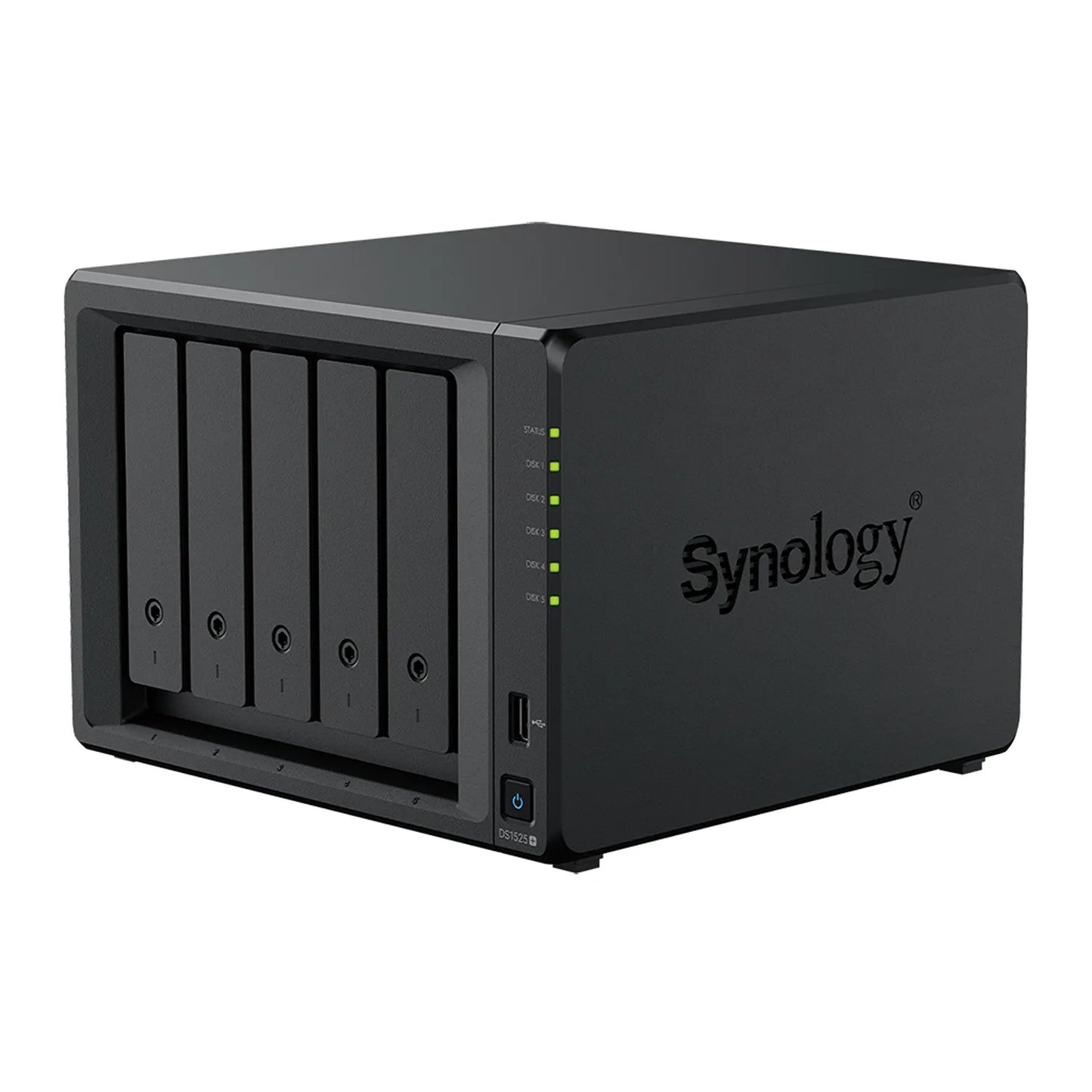 Synology DS1525neo+ 5-bay NAS storage server front left angle view with hot-swappable drive bays-tpstech.in