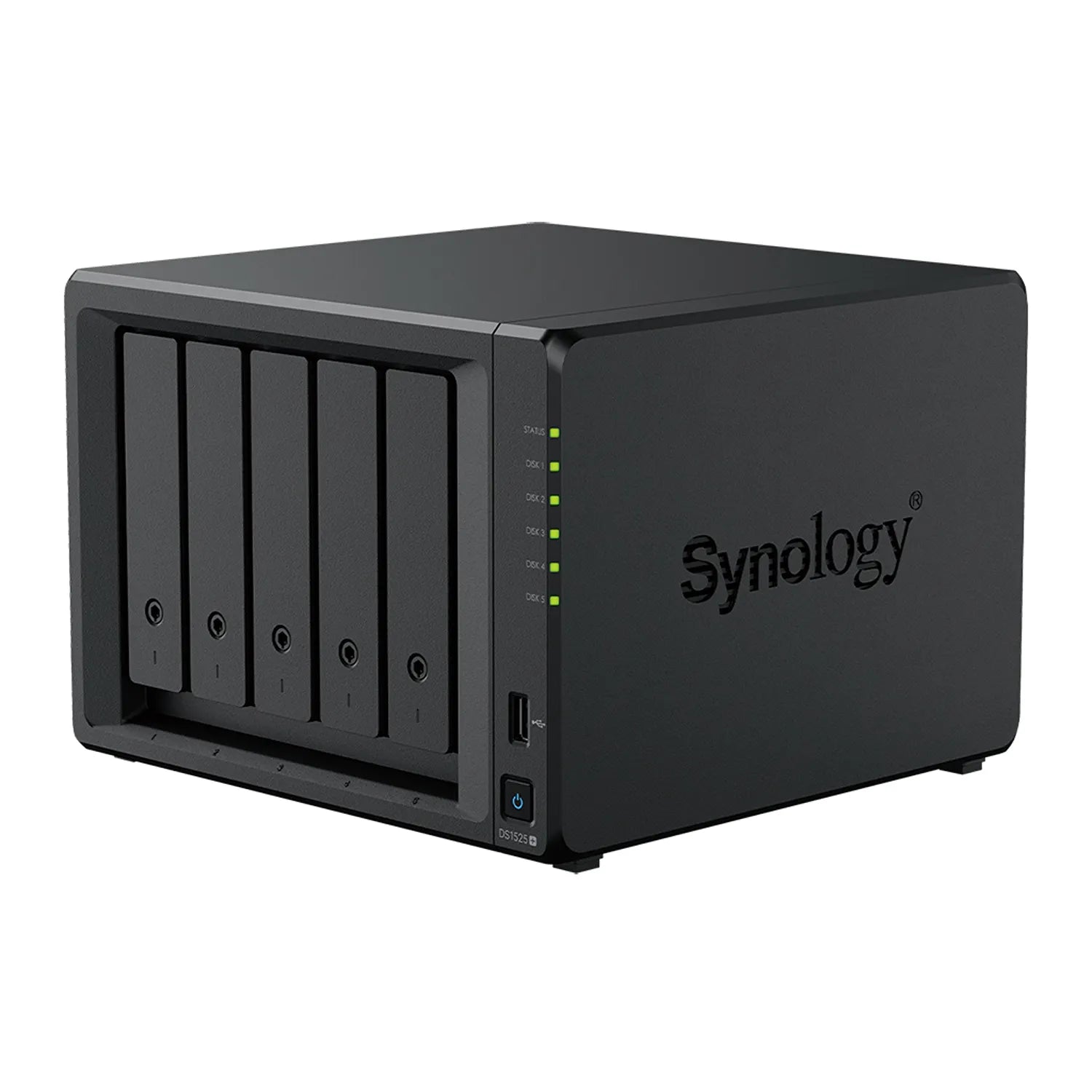 Synology DS1525neo+ 5-bay NAS storage server front left angle view with hot-swappable drive bays-tpstech.in