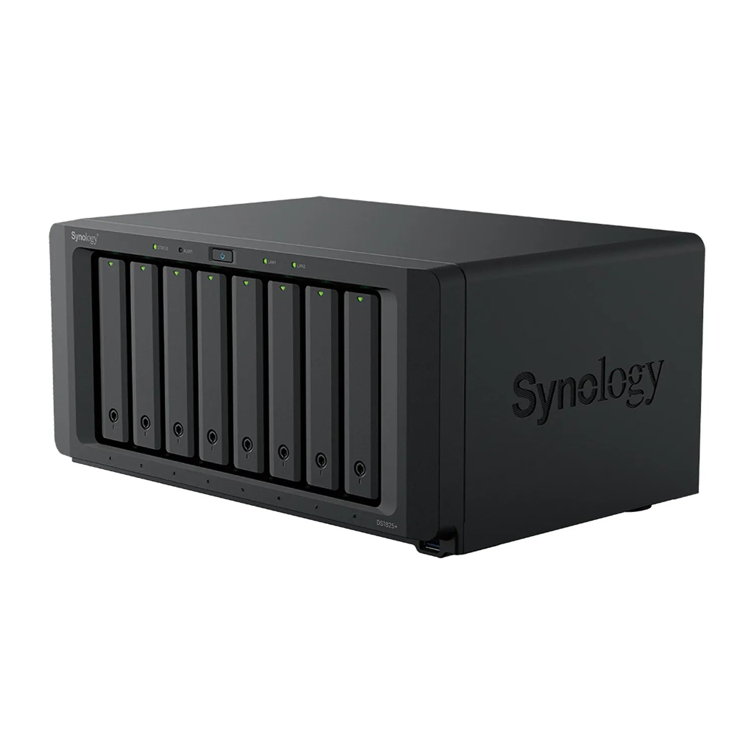 Synology DS1825 Plus 8 Bay NAS front right angle view with drive bays and Synology branding-tpstech.in