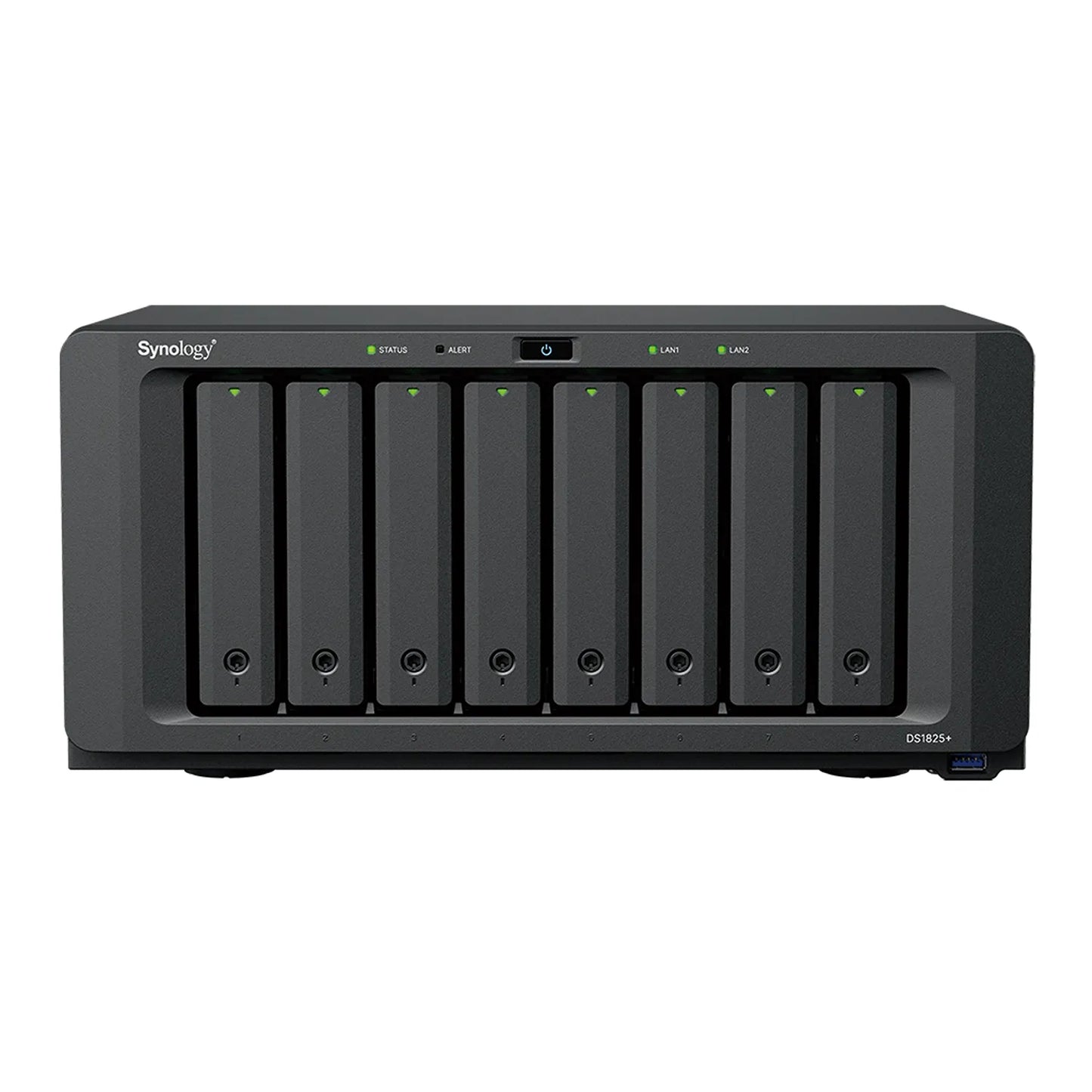 Synology DS1825 Plus 8 Bay NAS front view showing eight hot swappable drive bays and status indicators-tpstech.in