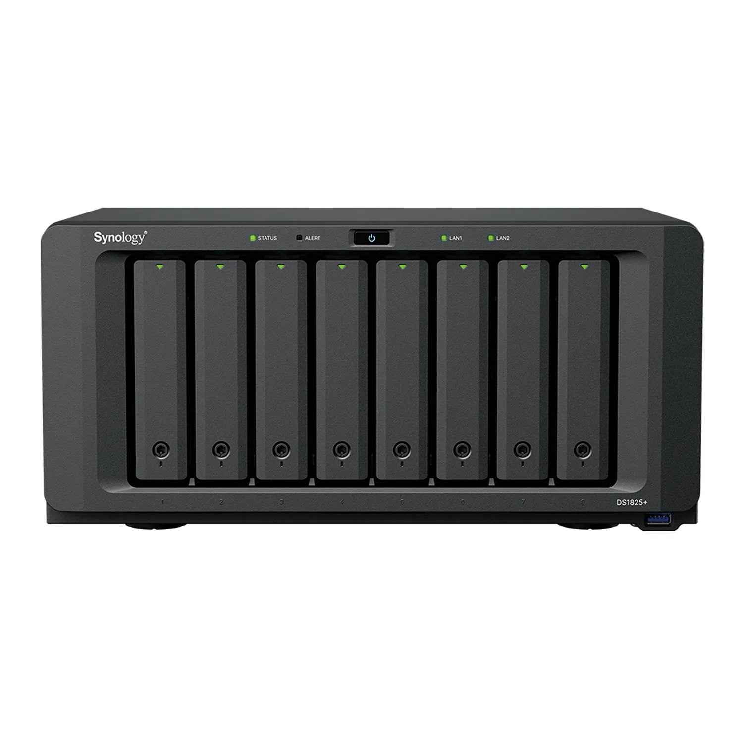 Synology DS1825 Plus 8 Bay NAS front view showing eight hot swappable drive bays and status indicators-tpstech.in