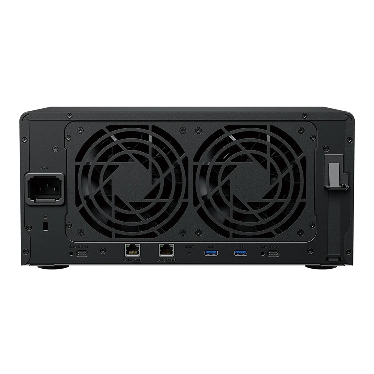 Synology DS1825 Plus 8 Bay NAS rear view showing cooling fans network ports USB ports and expansion connectivity-tpstech.in