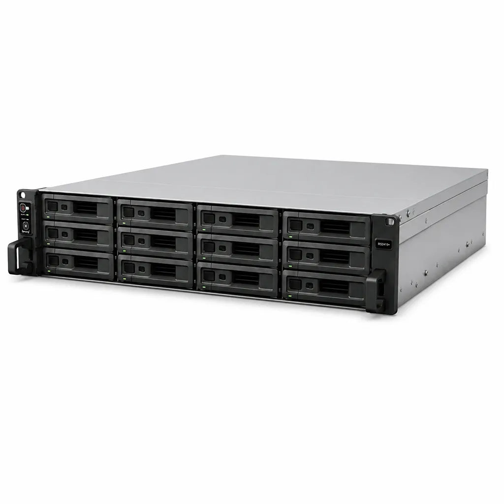 Synology DVA7400 12-bay AI surveillance NVR angled front view with drive bays -tpstech.in