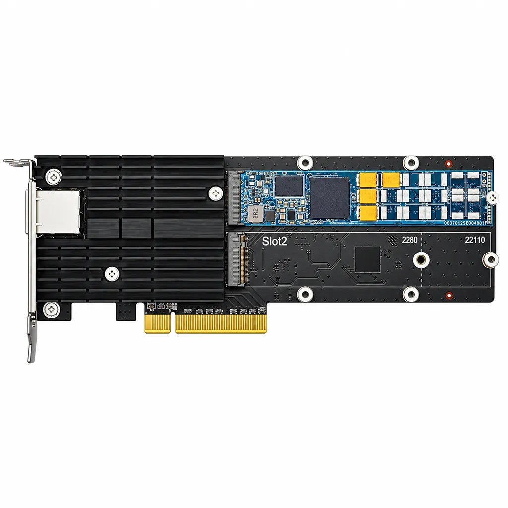 Synology E10M20-T1 adapter card with M.2 NVMe SSD installed in slot 1 for NAS cache acceleration -tpstech.in