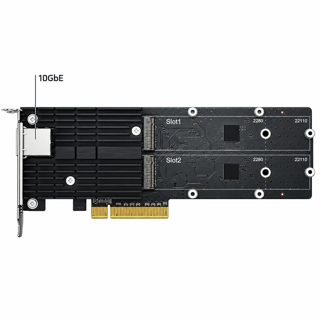 Synology E10M20-T1 M.2 SSD 10GbE Adapter Card for NAS PCB layout showing dual M.2 slots and 10GbE port -tpstech.in