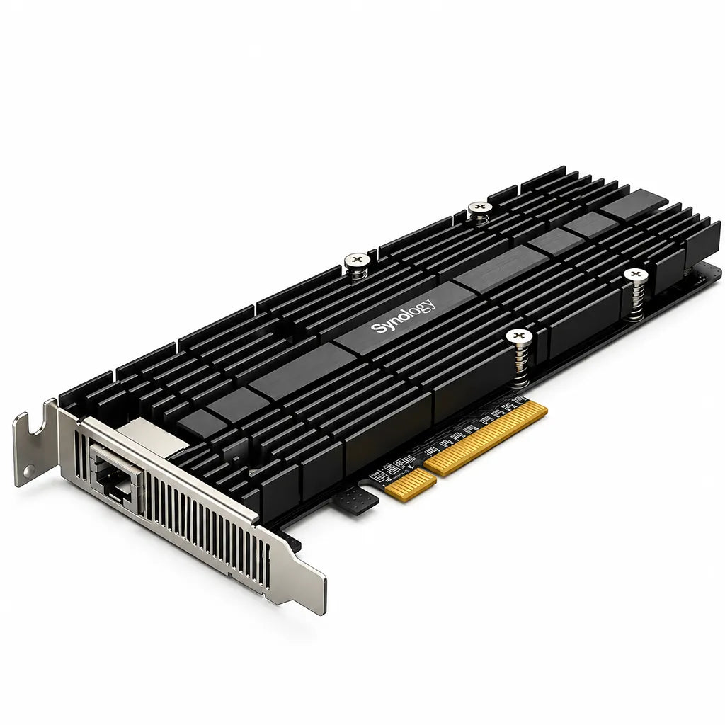 Synology E10M20-T1 M.2 SSD and 10GbE RJ-45 PCIe expansion card angled view for NAS upgrades -tpstech.in