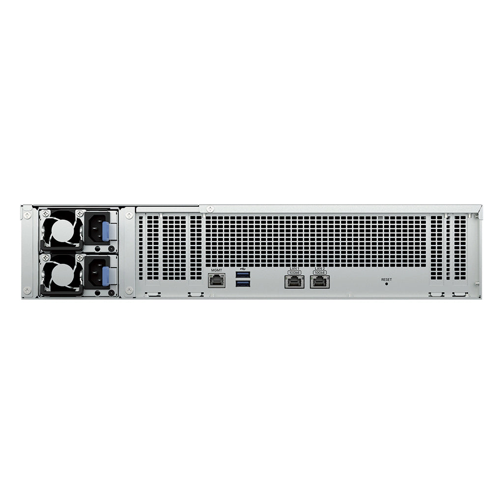 Rear view of Synology FS6420 all-flash rackmount NAS featuring dual 10GbE ports, management LAN, USB ports, and redundant power supplies -tpstech.in