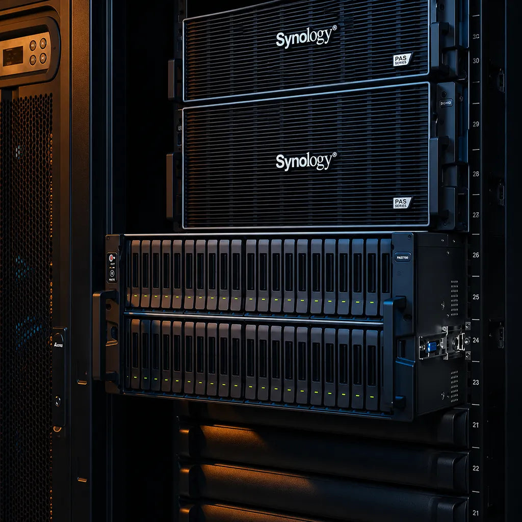 Synology PAS7700 enterprise NVMe storage system with hot-swappable drive bays installed in a server rack -tpstech.in
