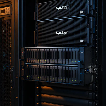 Synology PAS7700 enterprise NVMe storage system with hot-swappable drive bays installed in a server rack -tpstech.in