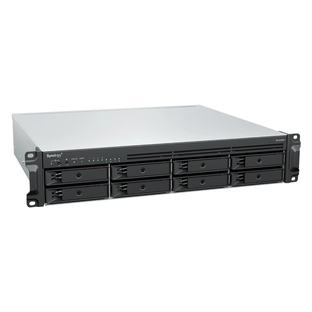 Synology RS1226RP+ 8 Bay Rackmount NAS Server front right angle view with eight hot-swappable drive bays -tpstech.in