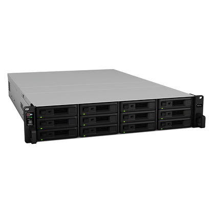 Synology RS3618xs 12 Bay Rackmount NAS front perspective view with 12 hot swappable drive bays for business storage -tpstech.in