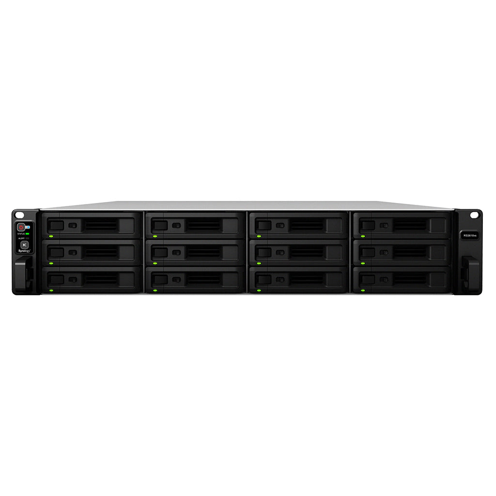 Synology RS3618xs 12 Bay Rackmount NAS front view featuring 12 hot swappable drive bays for enterprise network attached storage -tpstech.in