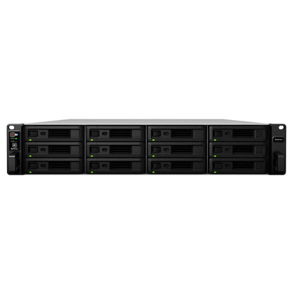 Synology RS3618xs 12 Bay Rackmount NAS front view featuring 12 hot swappable drive bays for enterprise network attached storage -tpstech.in