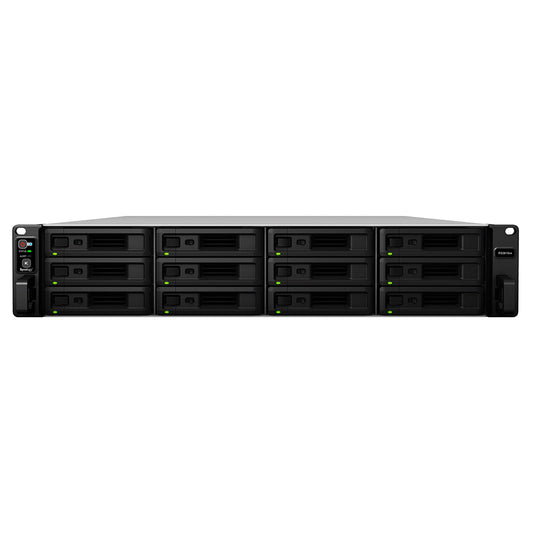Synology RS3618xs 12 Bay Rackmount NAS front view featuring 12 hot swappable drive bays for enterprise network attached storage -tpstech.in