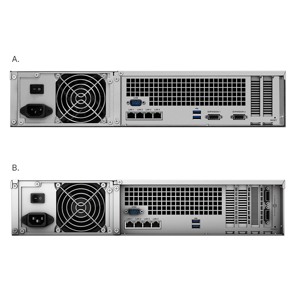 Synology RS3618xs 12 Bay Rackmount NAS rear panel with 4 Gigabit LAN ports USB ports PCIe expansion and expansion ports -tpstech.in