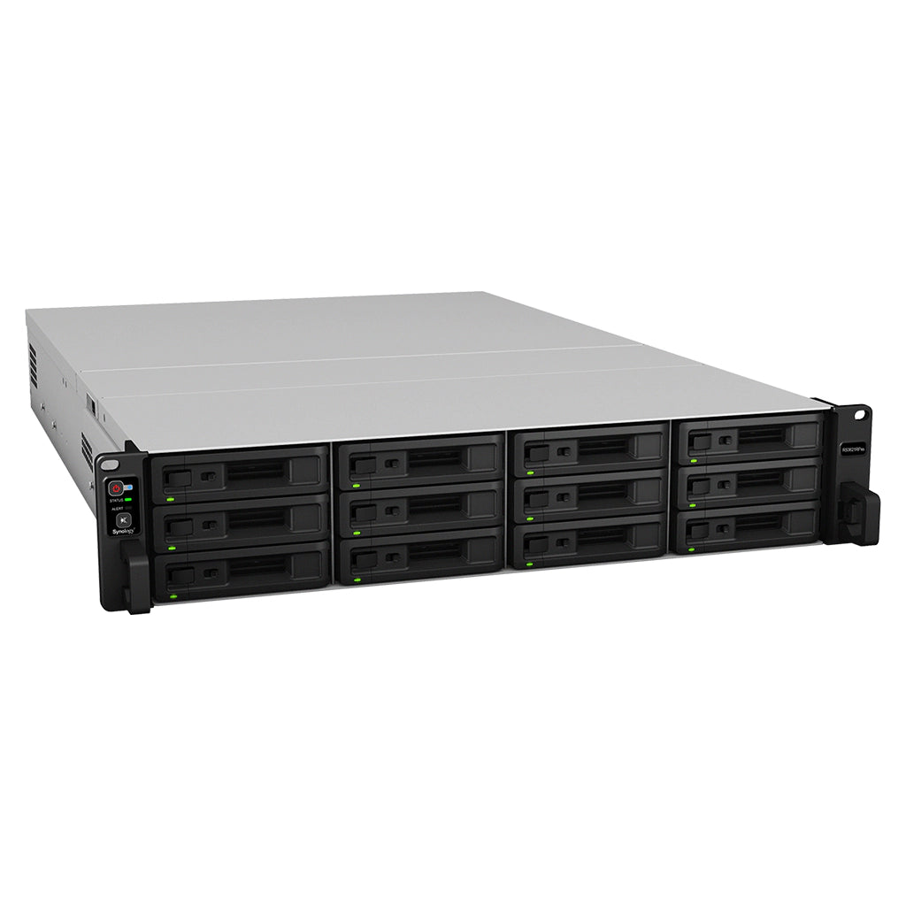 Synology RS3621RPxs 12 Bay Rackmount NAS Storage Server front left angle view with hot swappable drive bays and redundant power supply -tpstech.in