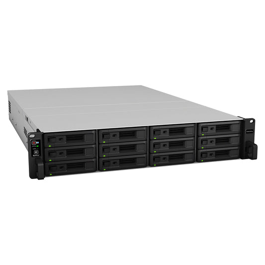 Synology RS3621RPxs 12 Bay Rackmount NAS Storage Server front left angle view with hot swappable drive bays and redundant power supply -tpstech.in