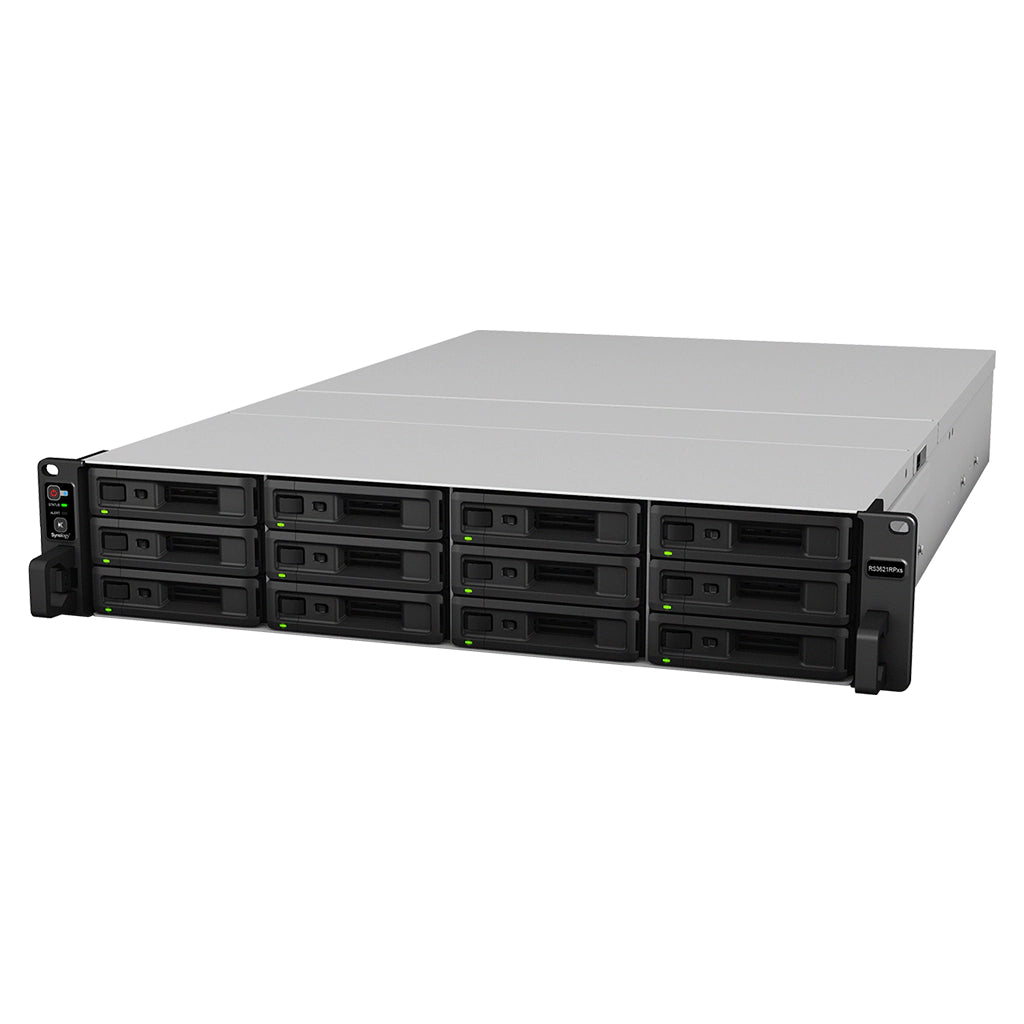 Synology RS3621RPxs 12 Bay rackmount NAS storage server perspective view with enterprise drive bays for business storage -tpstech.in