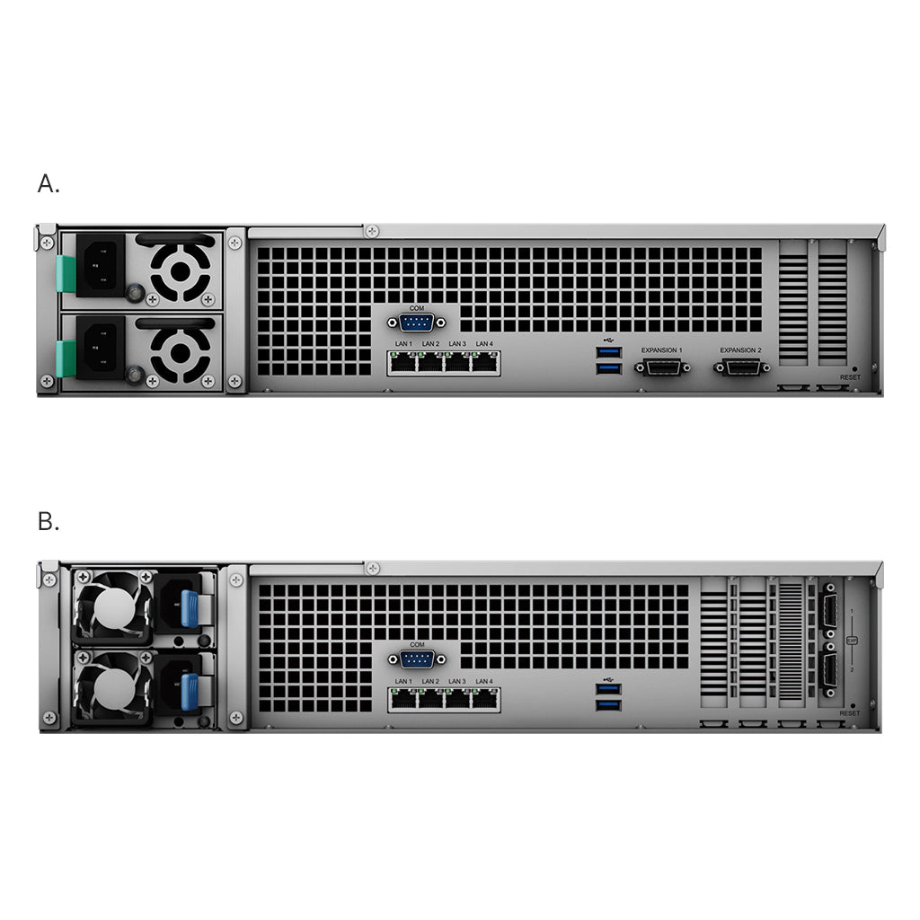 Synology RS3621RPxs rear panel with dual redundant power supplies, 4 Gigabit LAN ports, USB ports and expansion ports -tpstech.in