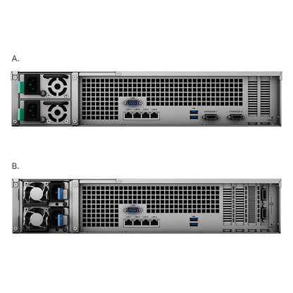 Synology RS3621RPxs rear panel with dual redundant power supplies, 4 Gigabit LAN ports, USB ports and expansion ports -tpstech.in