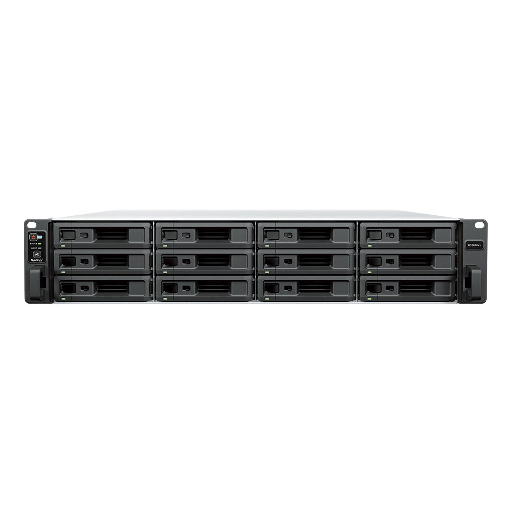 Synology RS3626xs 12 Bay Rackmount NAS front view with 12 hot swappable drive bays for enterprise storage and business data management -tpstech.in