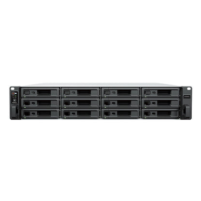 Synology RS3626xs 12 Bay Rackmount NAS front view with 12 hot swappable drive bays for enterprise storage and business data management -tpstech.in