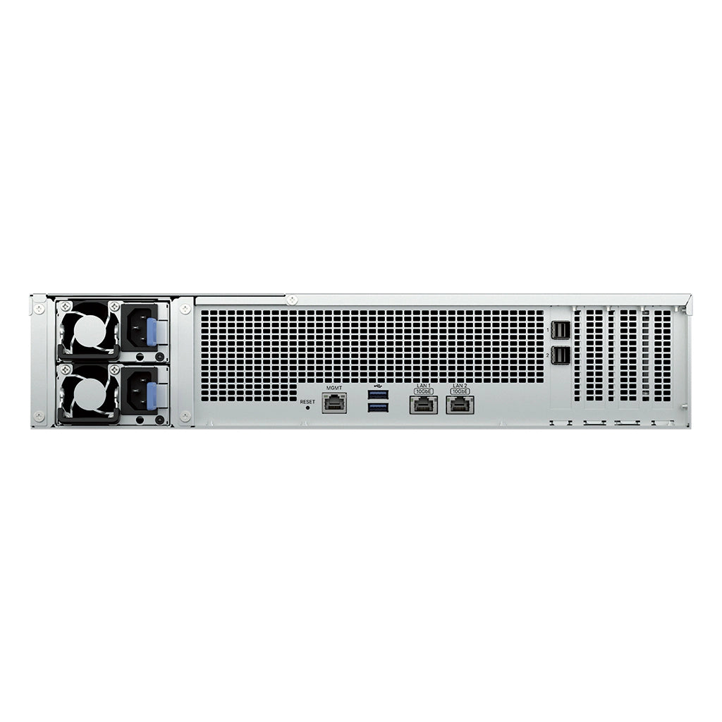 Synology RS3626xs rear panel showing dual 10GbE ports USB ports management LAN and PCIe expansion slots -tpstech.in