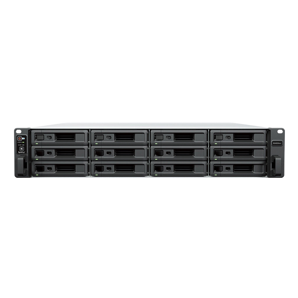 Synology RS4826xs+ 12-bay rackmount NAS front view with hot-swappable drive bays for enterprise storage and centralized data management -tpstech.in