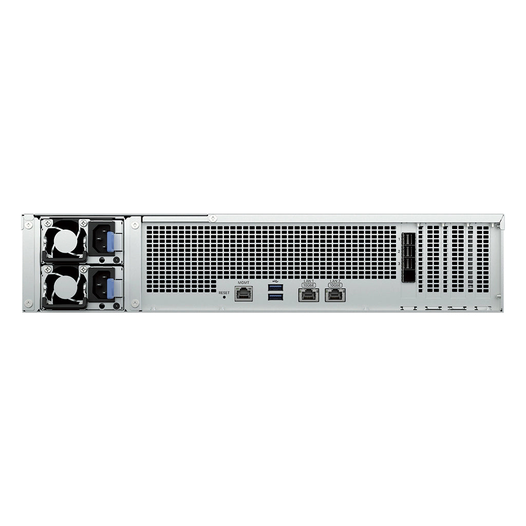 Rear view of Synology RS4826xs+ rackmount NAS featuring dual 10GbE LAN ports, USB ports, PCIe expansion, and redundant power supplies -tpstech.in