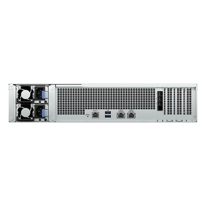 Rear view of Synology RS4826xs+ rackmount NAS featuring dual 10GbE LAN ports, USB ports, PCIe expansion, and redundant power supplies -tpstech.in