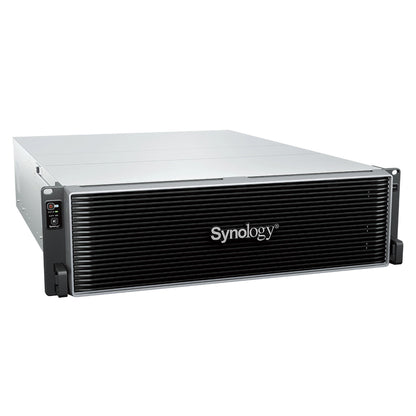 Synology RS6426xs+ enterprise rackmount NAS front left angle showing protective front bezel and 3U chassis -tpstech.in