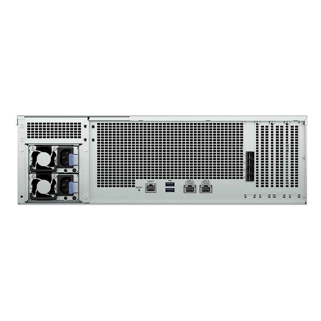 Synology RS6426xs+ rear view featuring dual 10GbE LAN ports, PCIe expansion slots, USB ports, and redundant power supplies -tpstech.in
