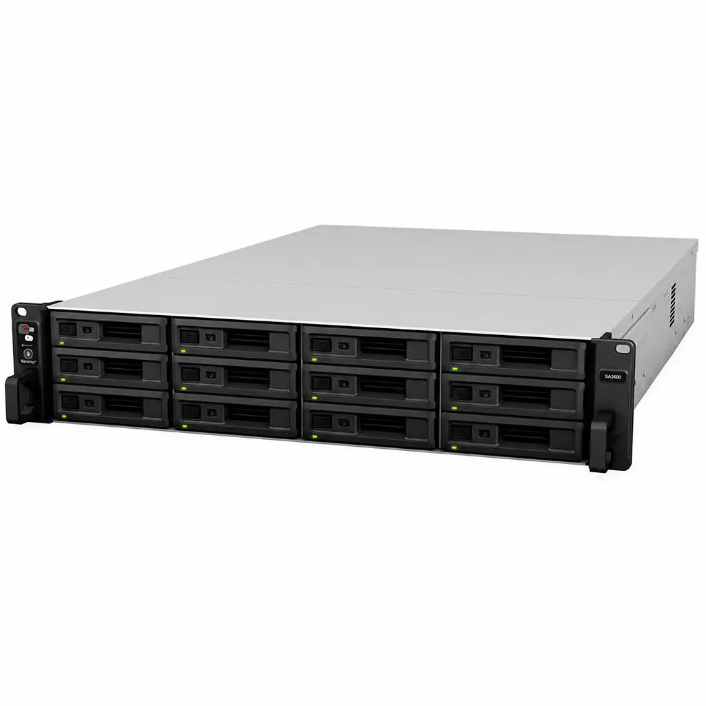 Synology SA3200D enterprise rackmount NAS storage with 12 hot-swappable drive bays viewed from the front right angle -tpstech.in