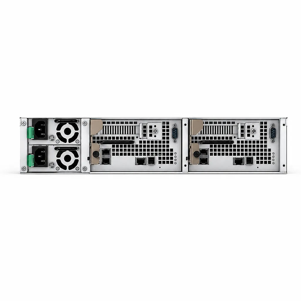 Synology SA3200D 12 Bay Enterprise NAS rear view showing dual controller modules, redundant power supplies, and network connectivity -tpstech.in