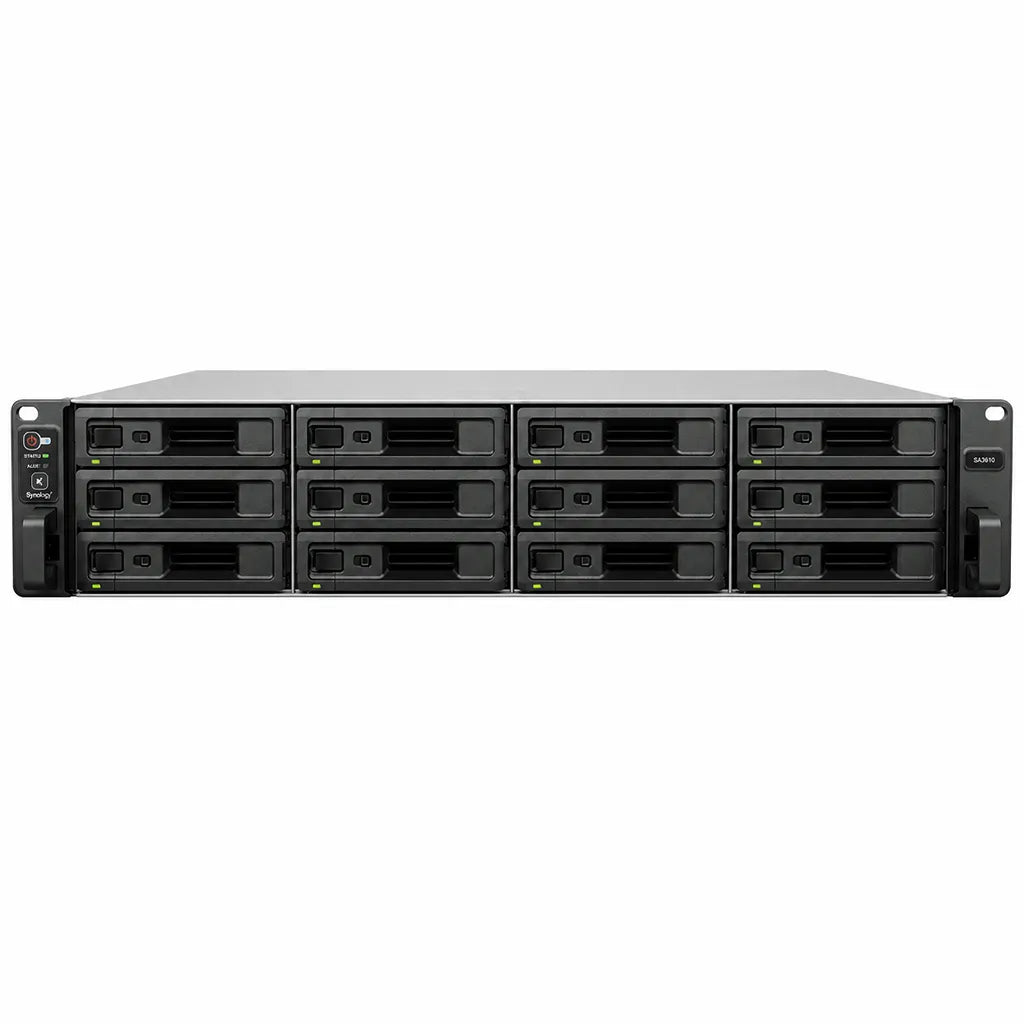 Front view of Synology SA3410 12 Bay Rackmount NAS Server with hot swappable drive bays for centralized enterprise storage -tpstech.in
