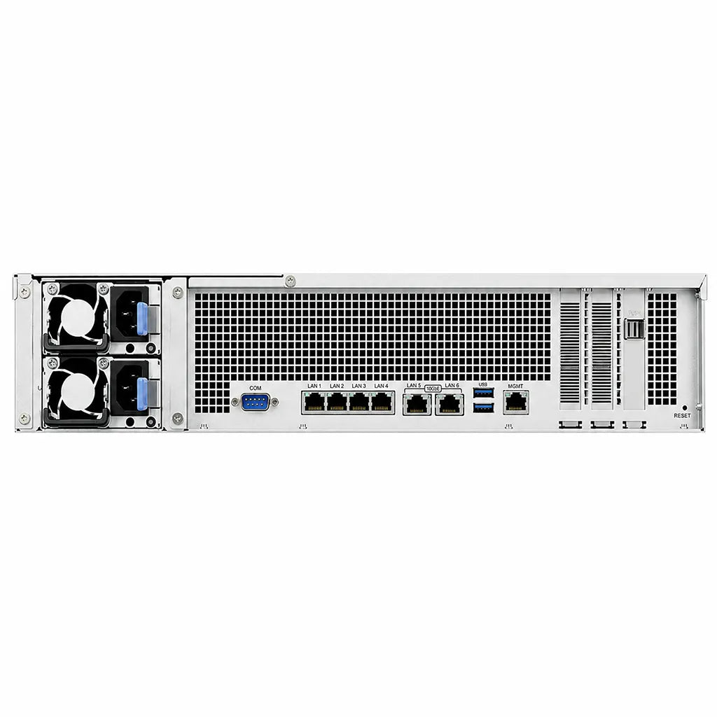 Rear panel of Synology SA3410 Rackmount NAS Server showing dual 10GbE ports, Gigabit LAN ports, USB ports, PCIe expansion slots, and redundant power supplies -tpstech.in