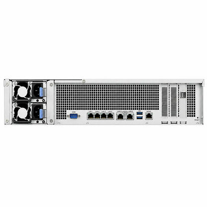 Rear panel of Synology SA3410 Rackmount NAS Server showing dual 10GbE ports, Gigabit LAN ports, USB ports, PCIe expansion slots, and redundant power supplies -tpstech.in