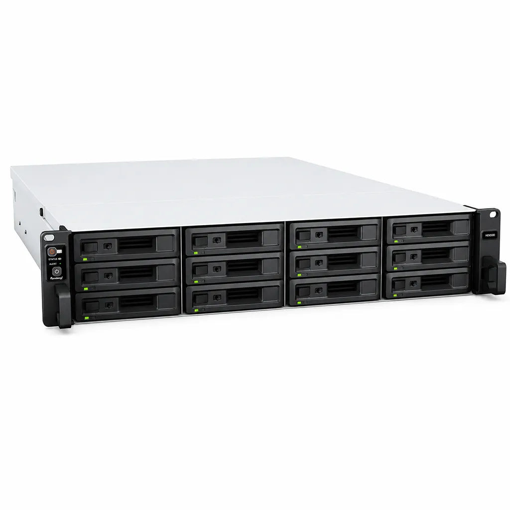 Synology SA6400 12 Bay Rackmount NAS Storage Server front left angle view with hot swappable drive bays for enterprise storage solutions -tpstech.in