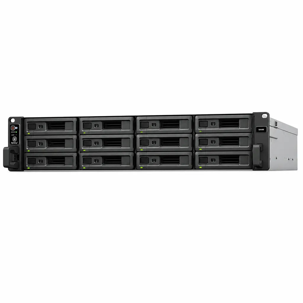 Synology SA6400 12 Bay Rackmount NAS Storage Server front perspective showing enterprise hot swappable drive bays -tpstech.in