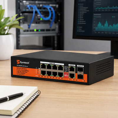 Syrotech SY-8000P-2G12S-AI Smart PoE switch shown in a network setup with connected Ethernet cables -tpstech.in